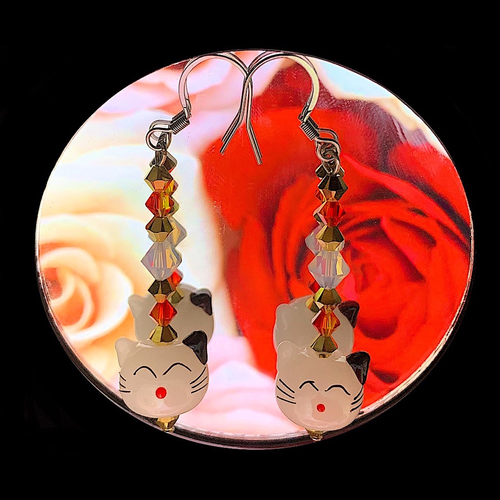 Long cat earring set w/ Swarovski crystals